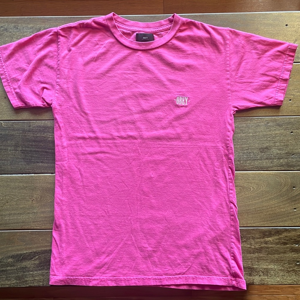 Pink cotton embroidered obey t shirt